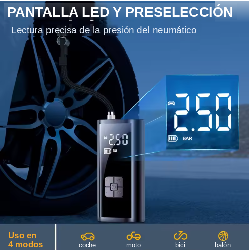 Compresor de aire portátil 150 PSI | Inflador digital para coche, moto y bici